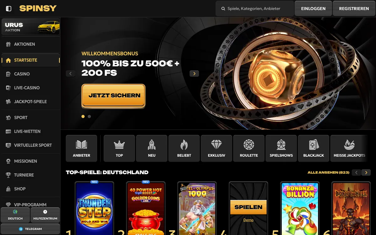 Startseite von Spinsy, Screenshot vom 5. September 2026.